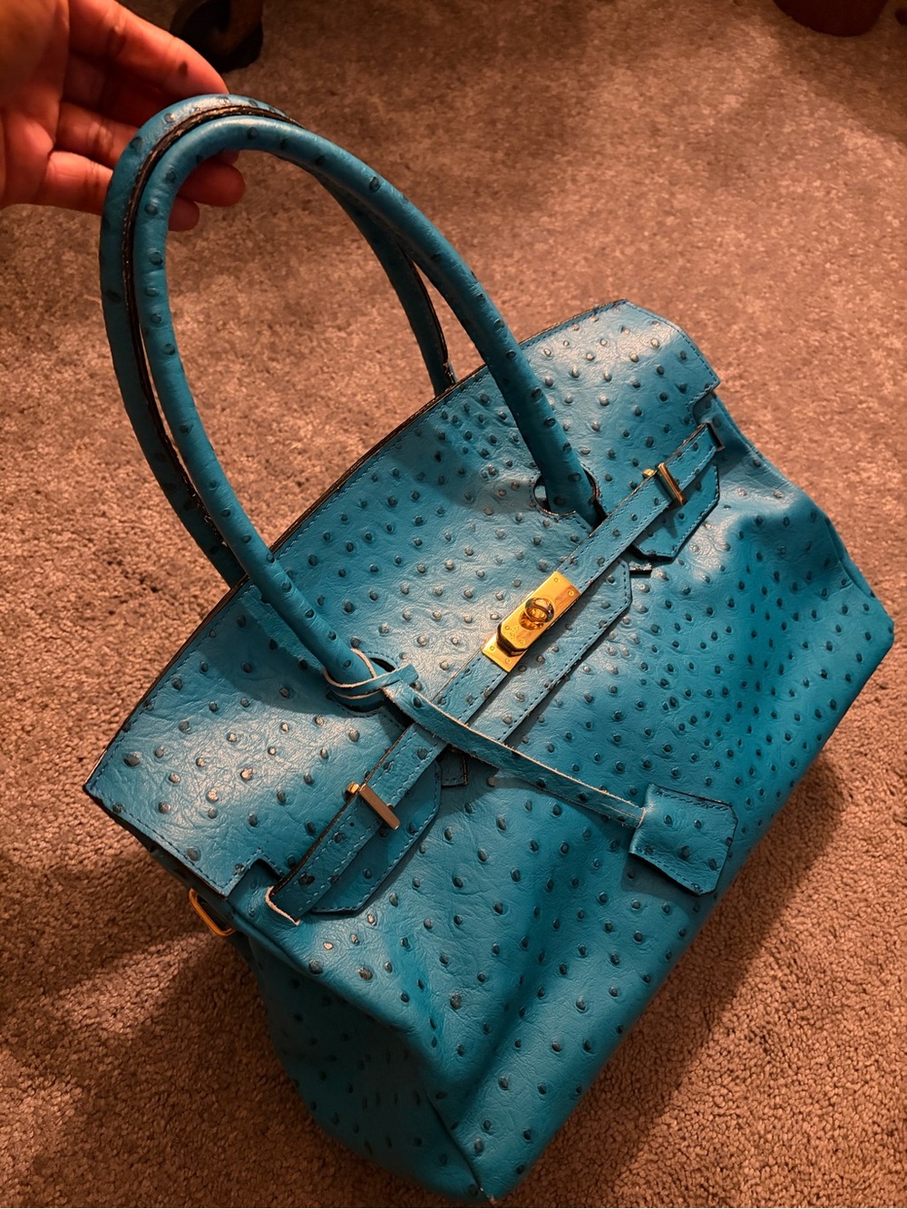Women’s Teal Ostrich-Texture Satchel with Gold Hardware